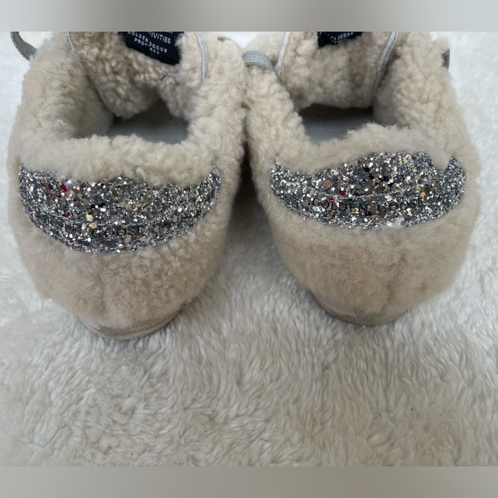 New Golden Goode Super-Star Beige Shearling Silver Glitter Star Sneakers Size 37 - Picture 8 of 12